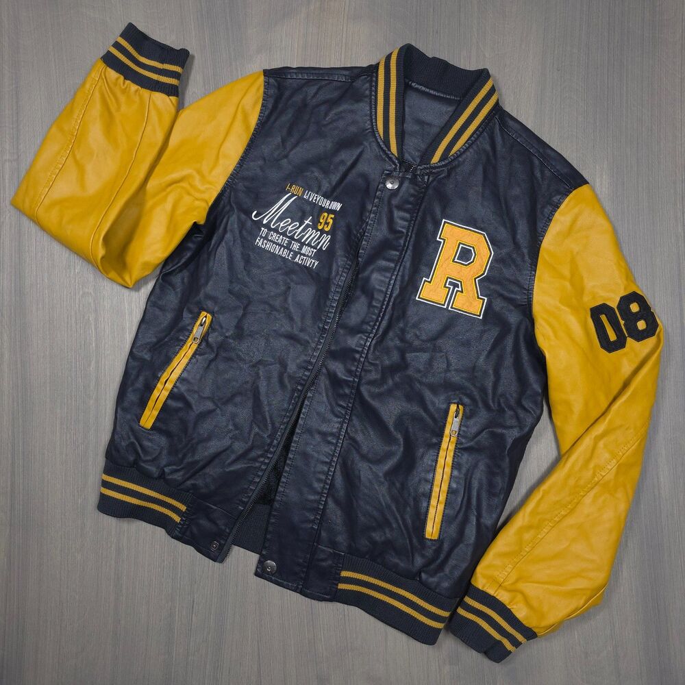 Vintage Style Faux Leather Varsity Jacket Yellow Black Bomber